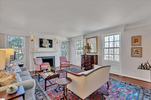 living area featuring wood finished floors, ornamental molding, a fireplace with flush hearth, and baseboards