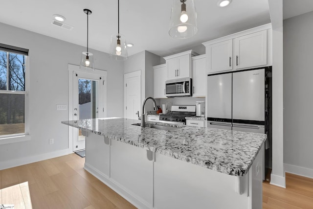 kitchen with a center island with sink, visible vents, appliances with stainless steel finishes, white cabinetry, and a sink