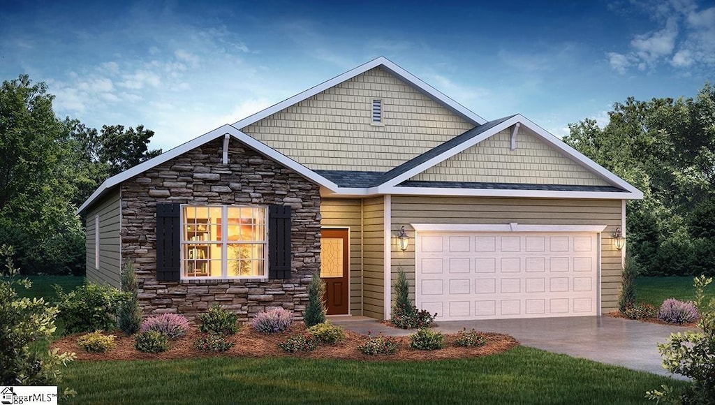 view of front of property featuring a garage, concrete driveway, and stone siding