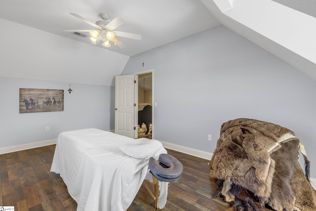 4101 Abbeville Hwy, Anderson, SC 29624 - bedroom featuring lofted ceiling with skylight, baseboards, visible vents, and dark wood-type flooring