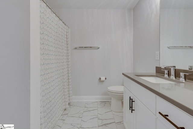 bathroom featuring toilet, vanity, baseboards, marble finish floor, and a shower with curtain