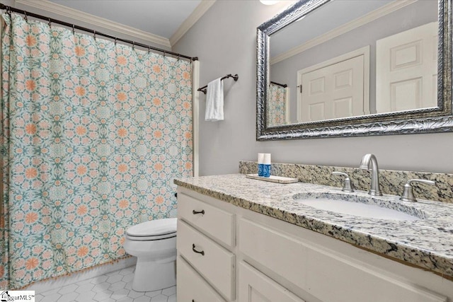 full bathroom featuring tile patterned flooring, vanity, toilet, and crown molding