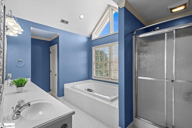 full bathroom featuring lofted ceiling, visible vents, a stall shower, vanity, and a bath