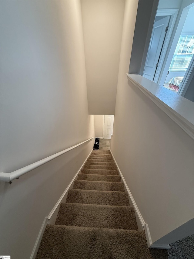 staircase featuring baseboards and carpet flooring