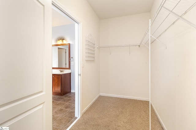 spacious closet featuring light colored carpet and a sink