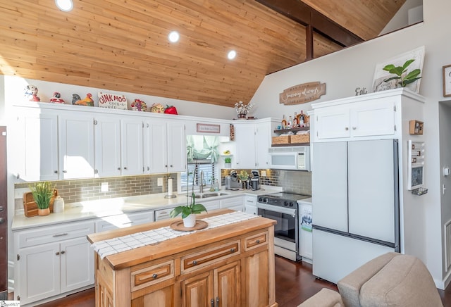 kitchen with wooden ceiling, white cabinetry, a sink, wood counters, and white appliances