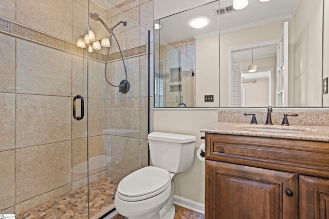 full bathroom featuring toilet, a shower stall, visible vents, and ornamental molding