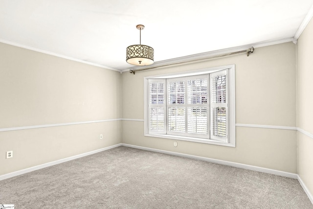 empty room with carpet, crown molding, and baseboards