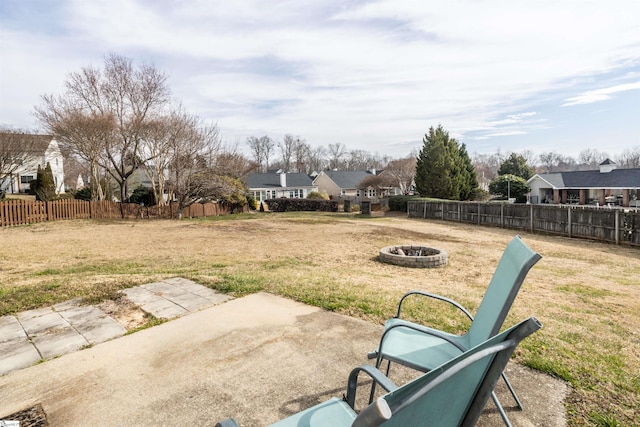 view of patio / terrace featuring an outdoor fire pit, a residential view, and a fenced backyard