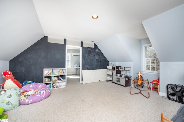 rec room with lofted ceiling, carpet flooring, and recessed lighting