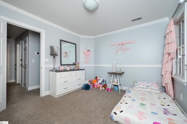 bedroom featuring ornamental molding, baseboards, visible vents, and carpet flooring