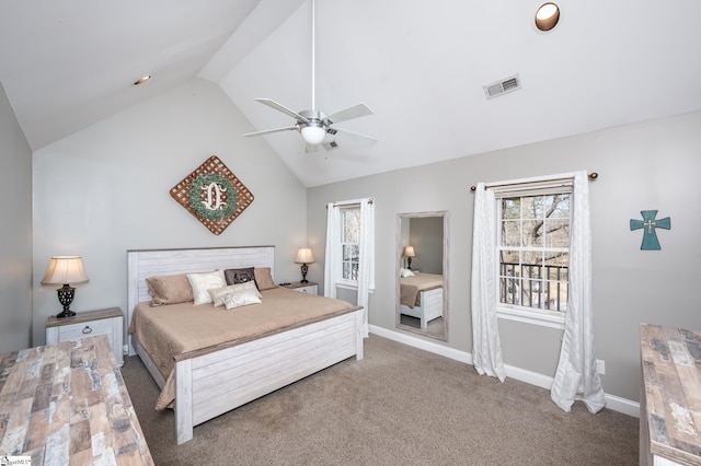 bedroom featuring carpet, visible vents, vaulted ceiling, ceiling fan, and baseboards