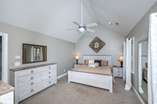 carpeted bedroom featuring ceiling fan, baseboards, visible vents, and vaulted ceiling