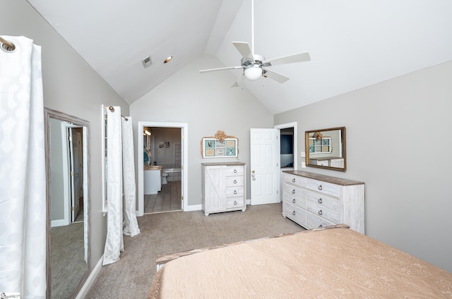 bedroom with visible vents, ensuite bathroom, a ceiling fan, light carpet, and high vaulted ceiling