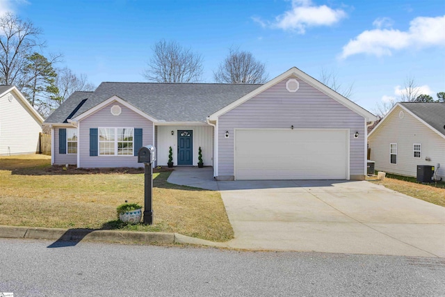 single story home featuring a garage, concrete driveway, roof with shingles, a front lawn, and central AC