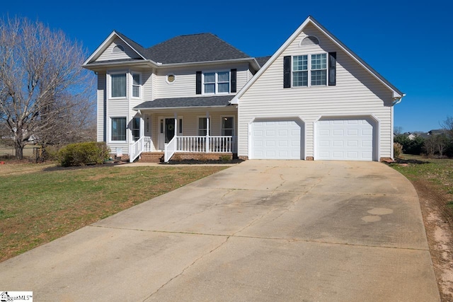 view of front of house with a porch, concrete driveway, an attached garage, and a front lawn