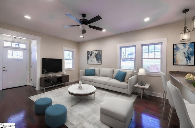 living room with recessed lighting, ceiling fan, baseboards, and wood finished floors