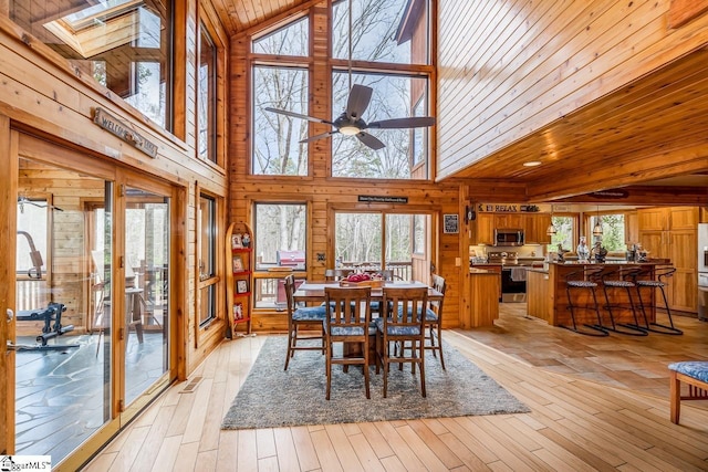 dining area featuring light wood-style flooring, plenty of natural light, wooden ceiling, and wooden walls