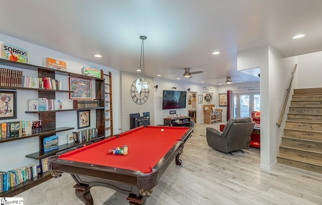 game room with a ceiling fan, recessed lighting, pool table, and wood finished floors