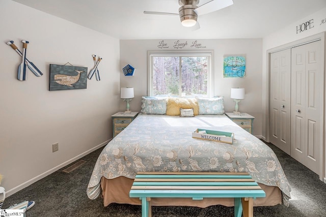 carpeted bedroom featuring a ceiling fan, a closet, visible vents, and baseboards