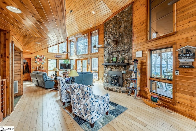 living room featuring high vaulted ceiling, wooden ceiling, wood finished floors, and wooden walls