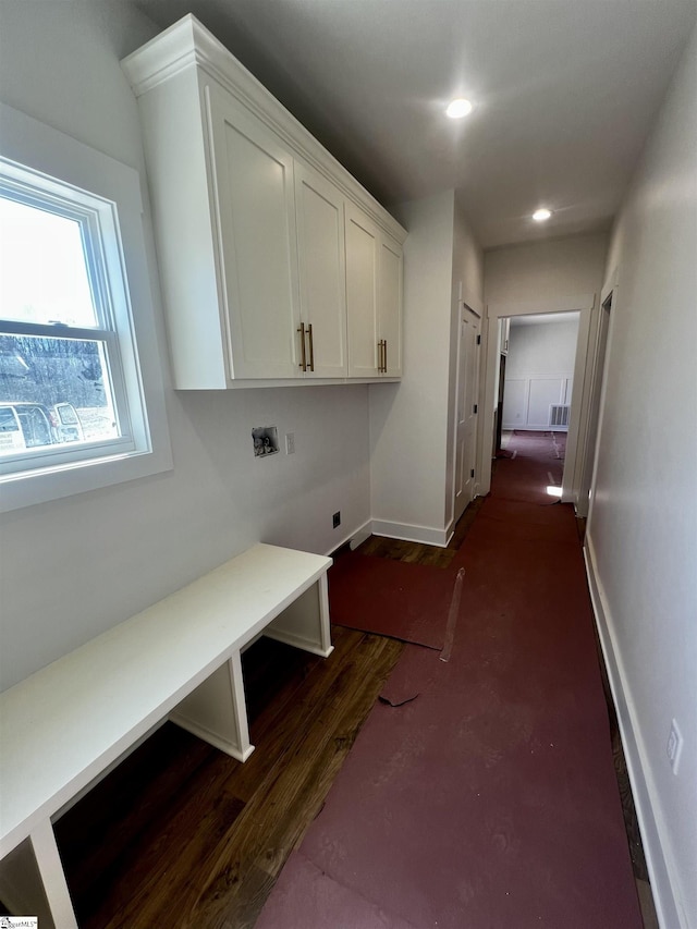 laundry area with recessed lighting, hookup for an electric dryer, washer hookup, baseboards, and dark wood-style floors