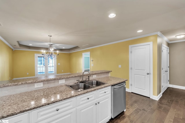 kitchen with dishwasher, dark wood-type flooring, a sink, and ornamental molding