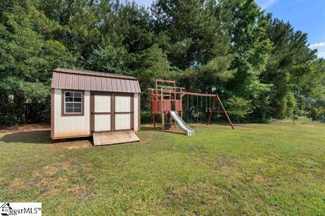 view of shed with a playground