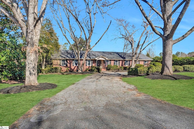 ranch-style home with aphalt driveway and a front lawn