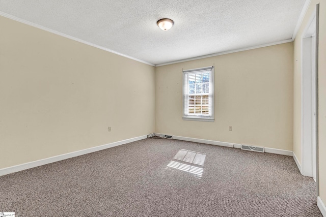 unfurnished room with carpet, visible vents, baseboards, and ornamental molding