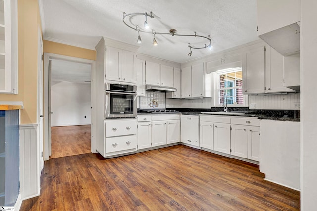 kitchen with under cabinet range hood, appliances with stainless steel finishes, dark wood finished floors, and a sink