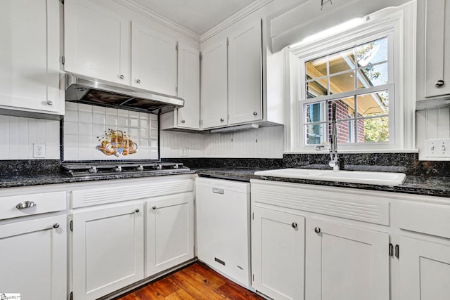 kitchen with stainless steel gas stovetop, decorative backsplash, white dishwasher, a sink, and under cabinet range hood