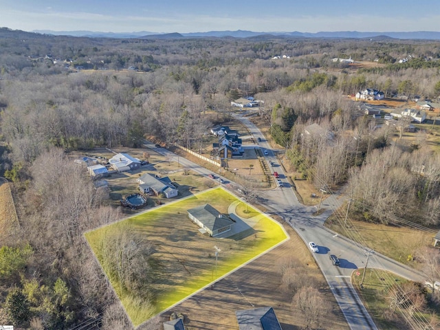 bird's eye view with a wooded view and a mountain view