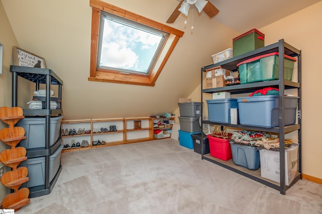 storage room featuring a skylight and ceiling fan