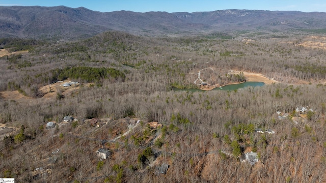 drone / aerial view with a water and mountain view