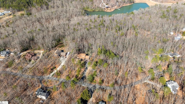 drone / aerial view featuring a water view and a view of trees