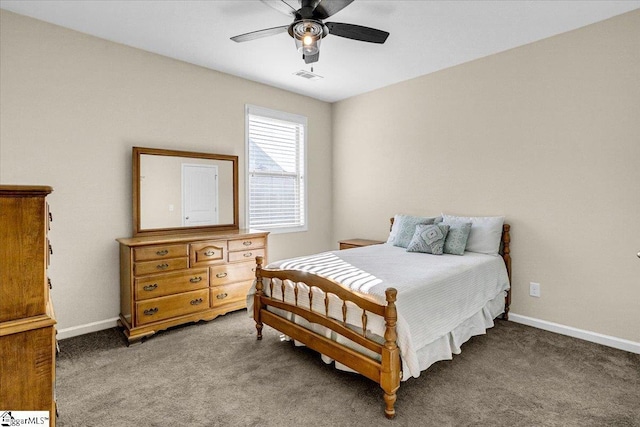 bedroom featuring visible vents, ceiling fan, baseboards, and carpet