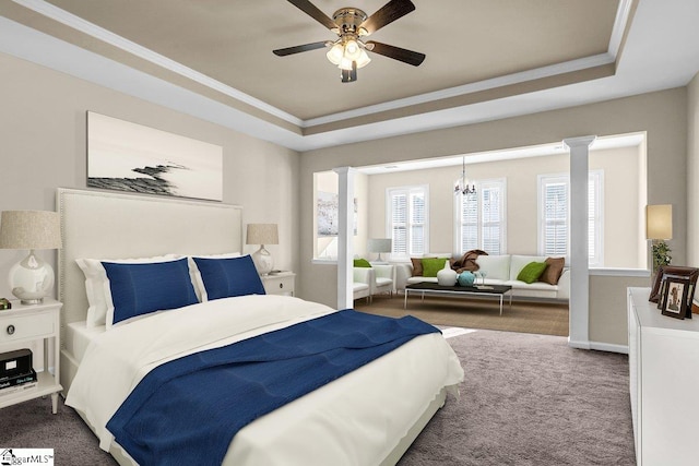 bedroom featuring decorative columns, a raised ceiling, carpet floors, and crown molding