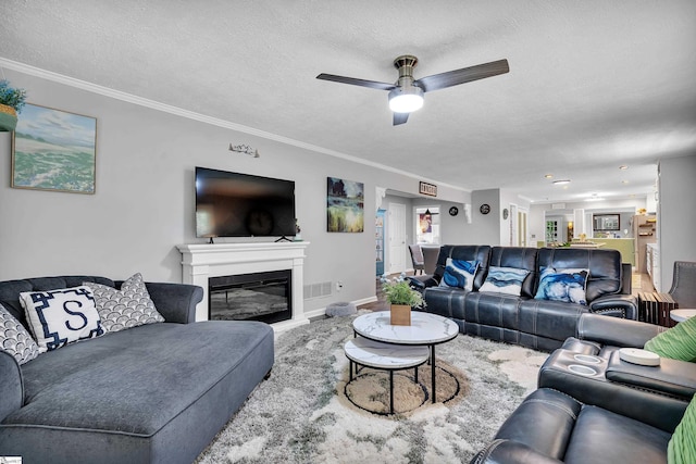 living area featuring a glass covered fireplace, visible vents, crown molding, and a textured ceiling