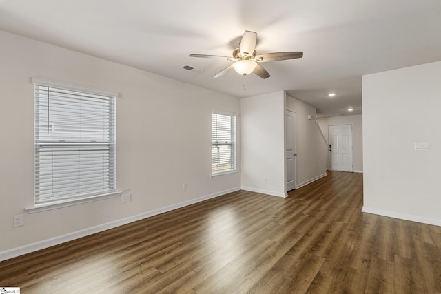 unfurnished room with recessed lighting, visible vents, ceiling fan, wood finished floors, and baseboards