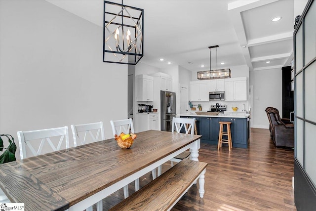 dining room featuring a notable chandelier, beam ceiling, dark wood-type flooring, and recessed lighting