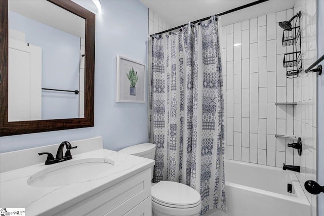 bathroom featuring shower / tub combo with curtain, vanity, and toilet