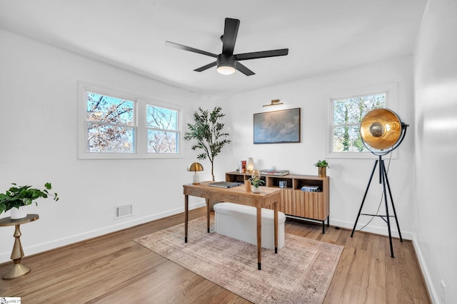 office with a ceiling fan, baseboards, visible vents, and light wood finished floors