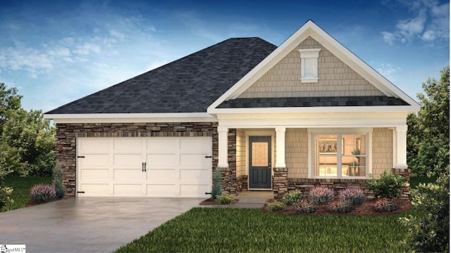 craftsman house with driveway, stone siding, roof with shingles, an attached garage, and covered porch