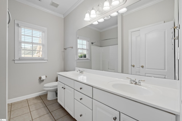 bathroom with visible vents, toilet, ornamental molding, a sink, and tile patterned floors