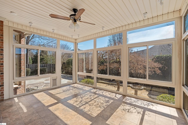 unfurnished sunroom featuring wooden ceiling and ceiling fan