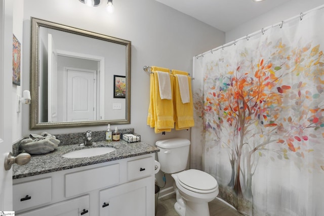 bathroom with curtained shower, vanity, and toilet