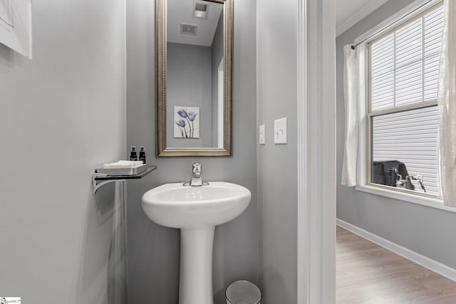 bathroom with a sink, wood finished floors, and baseboards