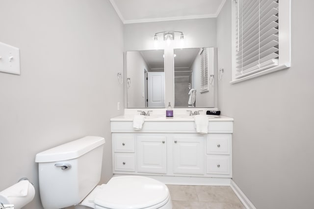 full bathroom with tile patterned flooring, toilet, vanity, baseboards, and crown molding