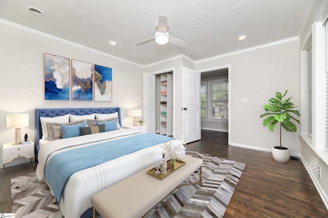 bedroom with baseboards, a ceiling fan, ornamental molding, wood finished floors, and recessed lighting